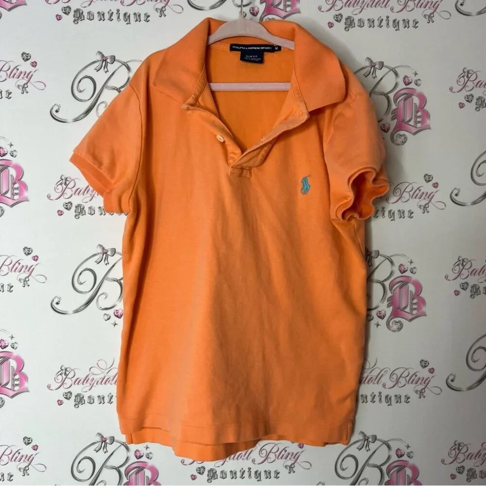 Ralph Lauren sport Orange Polo Shirt Classic Style collared logo blue slim fit